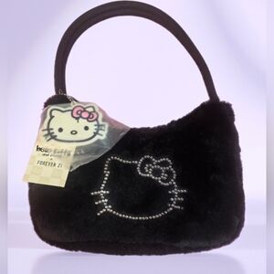 Hello Kitty Forever 21 Deadstock NWT Rhinestone Black Faux Fur Bag W Charm